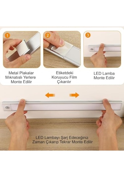 Tr Sensörlü Alüminyum Usb Şarjlı Led Gece Lambası, 3 Renk Kısılabilir, Mutfak Dolap Tezgah İçin 80 Cm Diğer