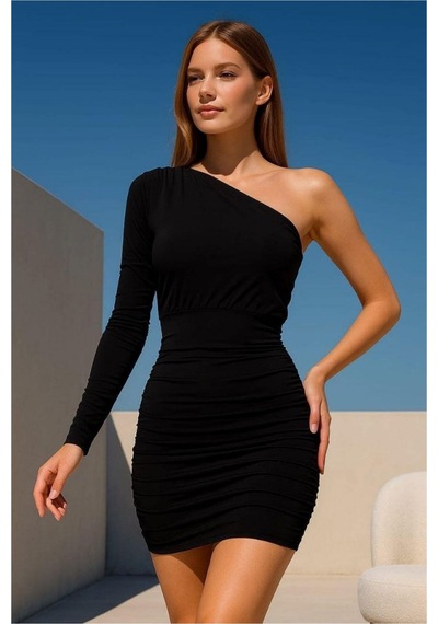 DefyModa Kadın Günlük Sandy Kumaş Tek Omuz Büzgülü Abiye Elbise Siyah