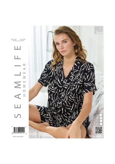 Seamlife Kadın Şortlu Kısa Kollu Dokuma Önden Düğmeli Gömlek Pijama Takımı Sıyah/l Siyah