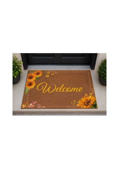 Kapı Önü Paspası Kaymaz Ağır Tabanlı Ayçiçeği Desen Welcome Dekoratif , Kolay Temizlenir 45x70 Cm Kod T3 Kahverengi