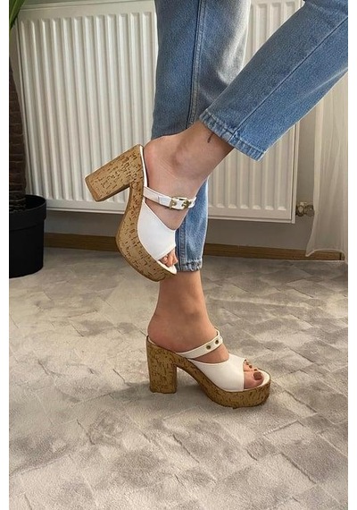 Asmi Shoes Kadın Tena Mantar Taban Platform Topuklu Terlik 10 Cm Snd456 Beyaz Beyaz