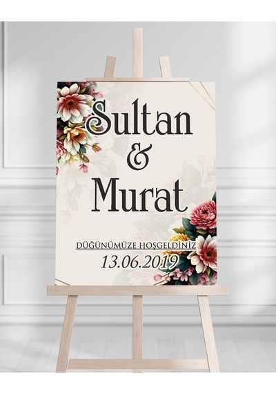 Söz Nişan Düğün İçin 50x70 Karşılama Panosu - Renkli Çiçek Desenli Beyaz