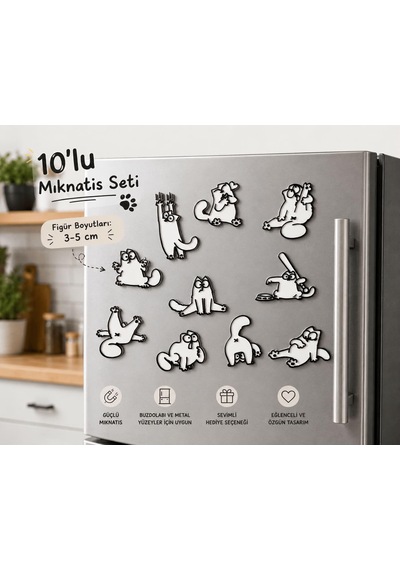 Lexroo Yaramaz Kedi Mıknatıs Seti, Dekoratif Buzdolabı Magneti 10'lu Paket, 3-5 Cm