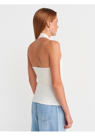 Dilvin 10799 Halter V Yaka Dokulu Triko Bluz-ekru Ekru
