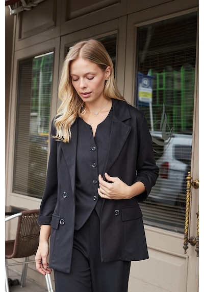 Kadın Süet Dokulu Kumaş Yakalı Capri Kol Cep Kapaklı Blazer Ceket-siyah Siyah