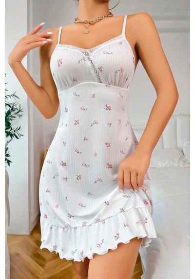 Fulla Moda Çiçek Desenli Yakası Dantelli Fırfırlı Gecelik Beyaz
