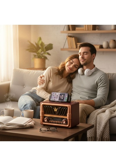 Buffer Büyük Boy Telefon Tutma Saplı Retro Ahşap Tasarım Bluetooth Hoparlörlü Radyo Fm/am Destekli, Şarjlı Ve Taşınabilir Radyo Ns-8077
