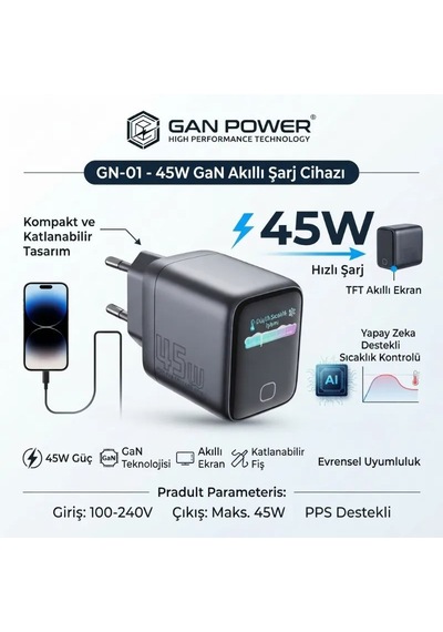 Gan Power Gn-01 45w Gan Hızlı Şarj Cihazı + 60w Hızlı Şarj Kablosu Hediyeli - Tft Akıllı Renkli Ekran, Yapay Zeka Sıcaklık Kontrollü .