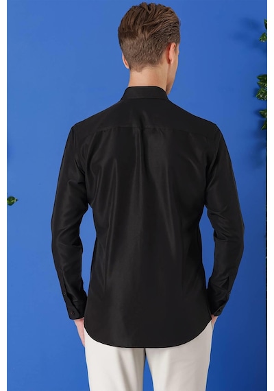 Efor Slim Fit Düğmeli Yaka Pamuklu Klasik Siyah Gömlek Gk 715 Siyah