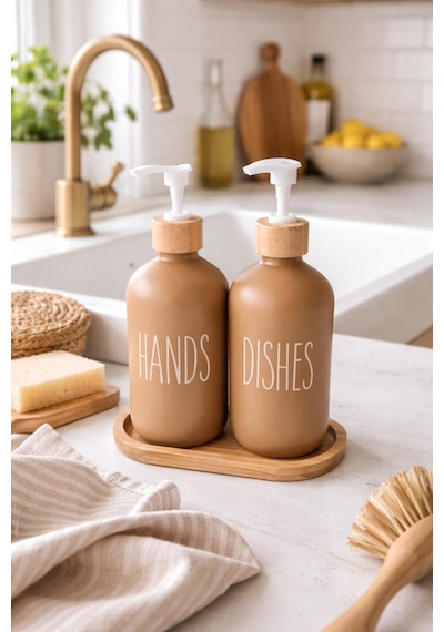 Makri Home Bambu Altlıklı Bambu Kapaklı İkili Cam Sıvı Sabunluk & Deterjanlık Seti 2 500 Ml- 16,5 X 9 X 21 Cm Kahverengi