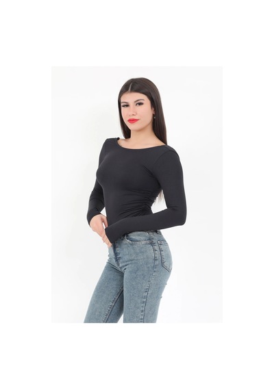 Giysa Kadın Siyah Sırt Dekolteli Uzun Kollu Çıtçıtlı Esnek Zıbın Body - 2440 Siyah