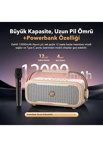 Nowgo C2 60w Taşınabilir Rgb Bluetooth Hoparlör Mikrofonlu Karaoke Parti Speaker Bej