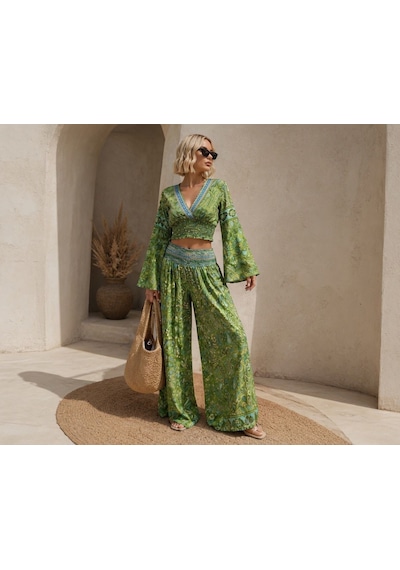 İbeeka Bohem Luxe Paisley Desen Gipeli Crop Akışkan Bol Paça Pantolon Takım Yeşil