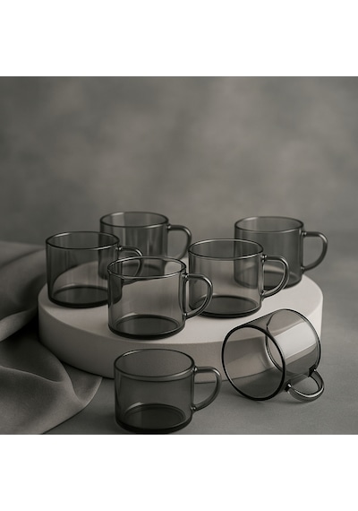 Elta Collection 6 Lı Füme Cam Kupa Kahve Fincanı Isıya Dayanıklı, Minimal Tasarım, 120 Cc Gri
