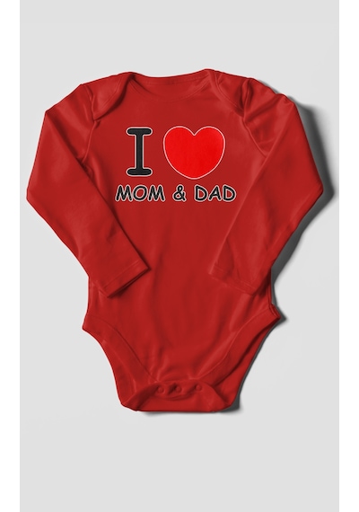 I Love Mom And Dad Baskılı Bebek Zıbını Çıtçıtlı Body %100 Pamuk Uzun Kol Kırmızı