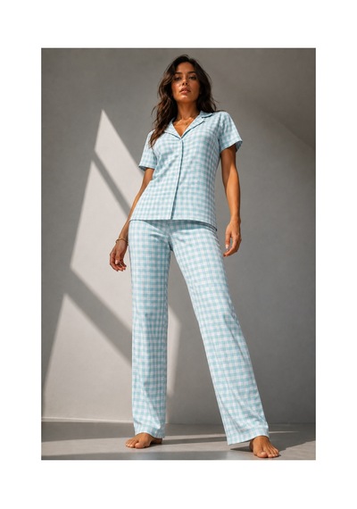 Fit Women Kadın Klasik Doğal Düğme Gece Su Yeşili Pijama Takımı