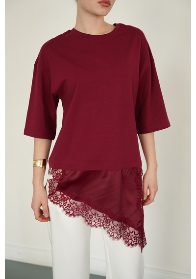 Verymoda Dantel Ve Saten Detaylı Asimetrik Tişört D2942 Bordo