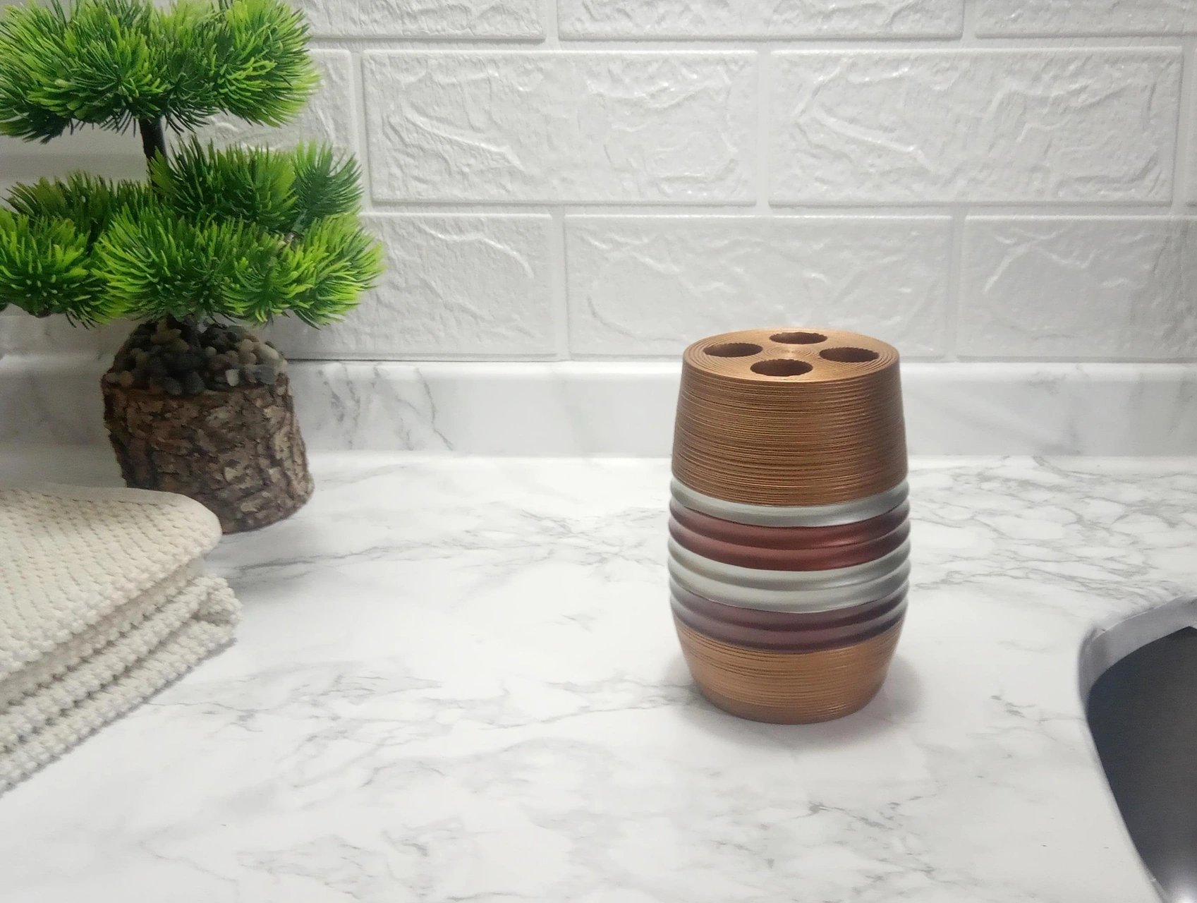 2 Adet Diş Fırçalık Metalik Kahve Poliresin 6x6x12cm Banyo Seti Çok Renkli