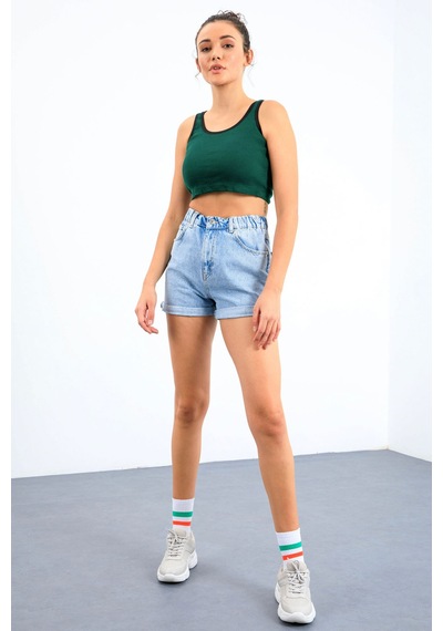 Tommy Life Yeşil Basic Sıfır Kol Dar Kalıp U Yaka Kadın Crop Top Atlet - 97162 Yeşil