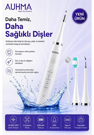 Zenvia Ultrasonic Şarjlı Elektrikli Akıllı Diş Temizleme Cihazı Beyazlatıcı 5 Mod 3+1 Başlık, Ipx8 Su Geçi
