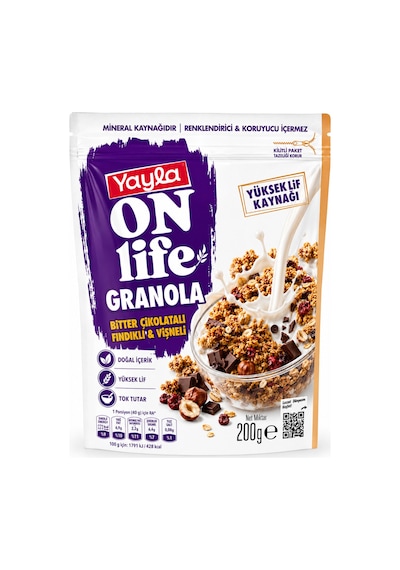 Yayla On Life Granola Bitter Çikolatalı Fındıklı & Vişneli 200 Gr Yüksek Lif Kaynağı