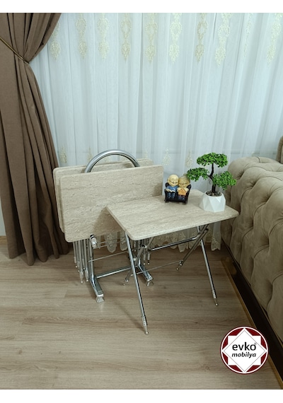 Evko Mobilya Çanta Zigon Sehpa, 4'lü Sehpa, Zigon Sehpa, Servis Sehpası, Mdf Mebran Sehpa, Katlanır Sehpa Traverten