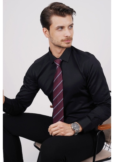 Gömlek Kravat Seti (Bordo Çizgili Kravat & Siyah Saten Slimfit G Siyah