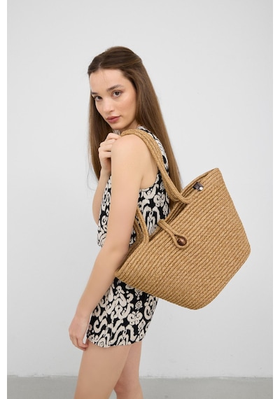 Shule Bags Vossa Handmade Düğmeli Hasır Omuz Çantası Vizon Vizon