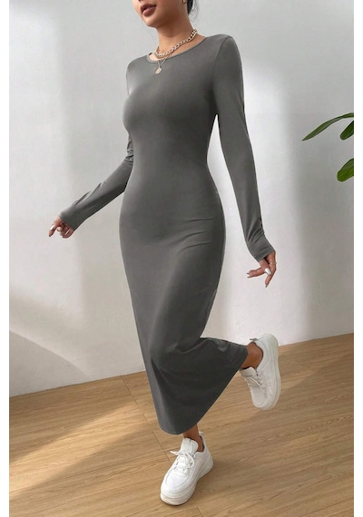 Madmext Füme Basic Yarım Balıkçı Uzun Kollu Elbise Mg1947-füme