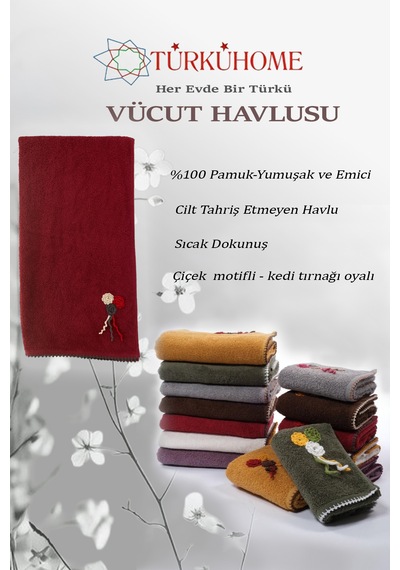 Çiçek Motifli, Kedi Tırnağı Oyalı, Yumuşak Dokulu Pamuklu Vücut Havlusu 70x130 Cm Kırmızı
