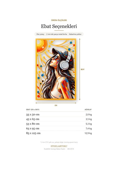 Kulaklıklı Güneşe Bakan Kadın Metal Tablo 33x50 Cm Çok Renkli