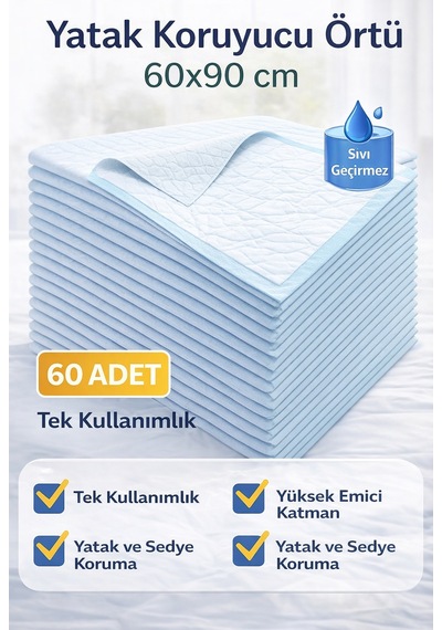 Hemengo Yatak Koruyucu Örtü 60x90 Cm 60 Adet Tek Kullanımlık Sıvı Geçirmez Hasta Altı Bezi Hmngobzs