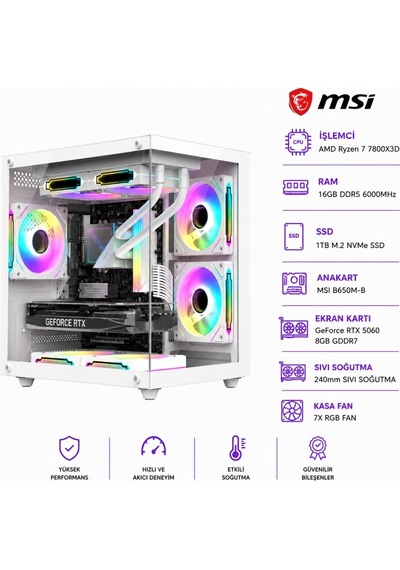 Apphirex ROSA X78 R7-7800X3D 16 GB 1 TB M.2 SSD 8 GB RTX5060 W11P Masaüstü Oyuncu Bilgisayarı Beyaz