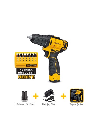 Sgs5147 - 12 Volt Akülü Vidalama Seti 1.5 Amper + 15 Parça Bits Uç Seti