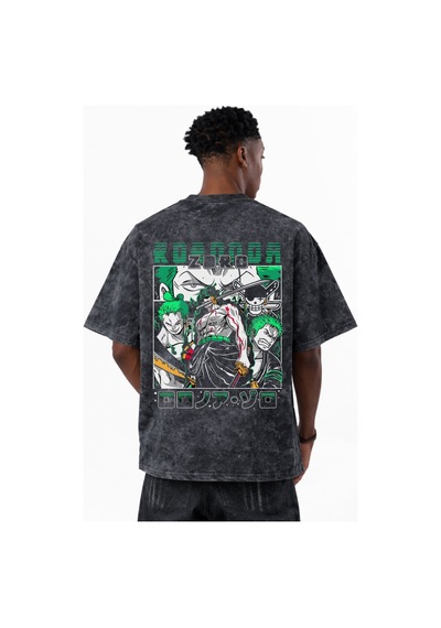 Roronoa Zoro One Piece Anime Baskılı Unisex Oversize Eskitme Yıka Siyah