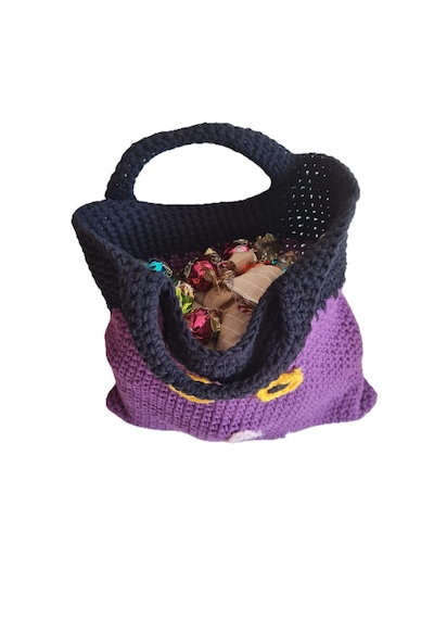 Anewday Atelier Kedi Figürlü Mor Örgü Çanta El Yapımı Mor - Siyah