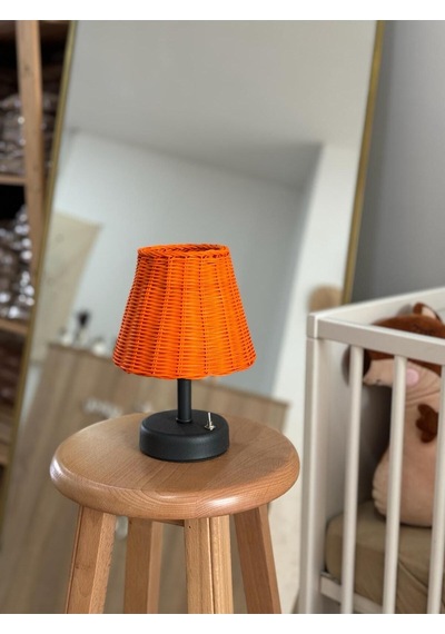 Turuncu Rattan & Bambu Masa Üstü Kablosuz Pilli Abajur Masa Lambası Ayak Rengi Antrasit