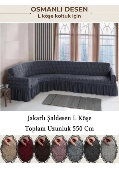 Upmall Jakarli Şal Desen 7 Kişilik L Köşe Koltuk Örtüsü, Esnek Koltuk Kılıfı, Osmanlı Desen 550cm Antrasit Antrasit