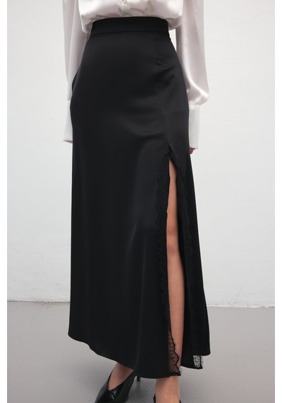Sateen Dantel Detaylı Saten Etek - Siyah-137170 Siyah