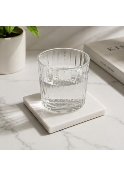 Arvale 2'li Doğal Beyaz Mermer Bardak Altlığı 10x10 Cm Kaymaz Kauçuk Ayaklı Lüks Masa Altlığı