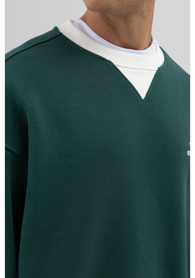 Vamos Oversize Bisiklet Yaka Baskılı Sweatshirt V70-91 Nefti Yeşil