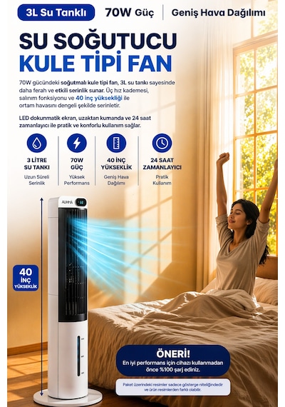 Exenar - Beyaz - Kule Tipi Soğutucu Fan Uzaktan Kumandalı Su Buharlı Soğutucu Vantilatör 70w-3l Su Tankı-led Ekranlı