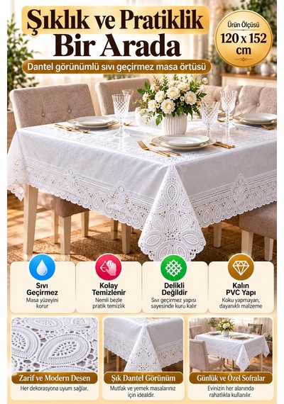 Beyaz 120x152 Cm Dantel Görünümlü Pvc Masa Örtüsü Sıvı Geçirmez Silinebilir Mutfak Masa Örtüsü Lüks