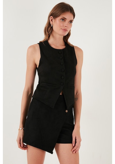 Lela Fitted Fit Bisiklet Yaka Düğmeli Yumuşak Dokulu Bayan Yelek 5866435 Siyah