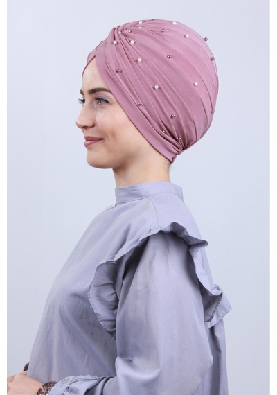 Melodi Scarf Kadın Tesettür İncili Taşlı Vera Dış Bone Pudra Pudra