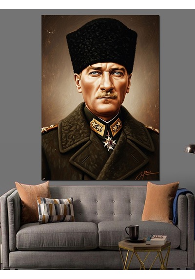 Askeri Kabanlı Mustafa Kemal Atatürk Dekoratif Kanvas - Mdf Ahşap Tablo
