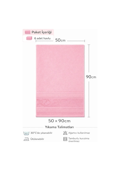 Elif Mira 6 Lı El Yüz Havlusu Seti %100 Pamuklu 50x90 Cm Pure Cotton Pembe