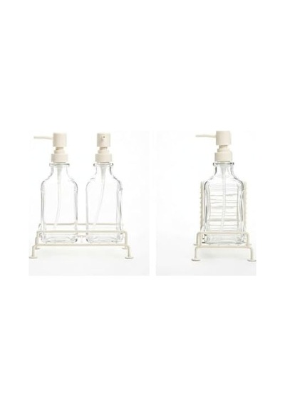 2&apos Li Standlı Kare Cam Sabunluk Seti 2 X 500 Ml Ferforje Metal Standlı Siyah & Krem Renk Seçeneği Sünger/fırça Bölmeli Mutfak Ve Banyo Düzenleyici Krem 000 Açık Krem