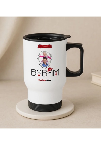 Bk Gift Kişiye Özel Fotoğraflı Babalar Günü Tasarımlı Kulplu Beyaz Çelik Bardak Termos Mug 450ml-2, Babalar Günü Hediye, Babaya Hediye