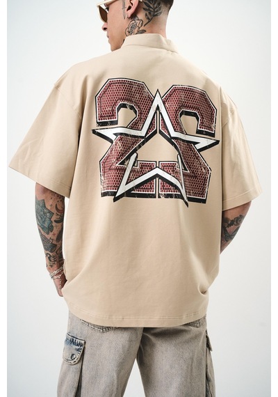 Respire Erkek 22 Baskılı Yarım Fermuarlı Oversize T-shirt Bej
